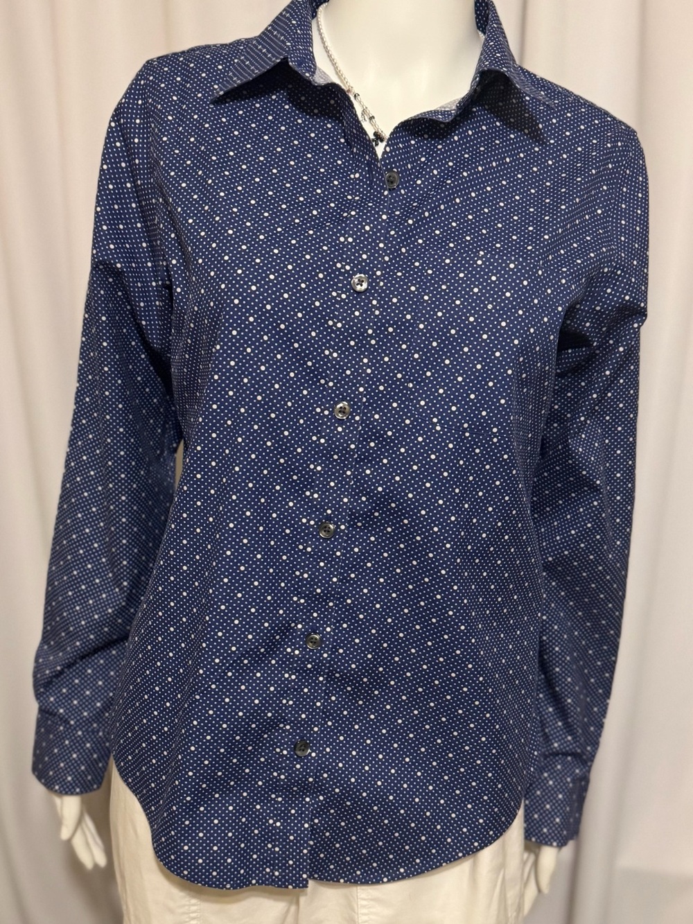 L.L. Bean Navy Blue Dot-Print Button Shirt